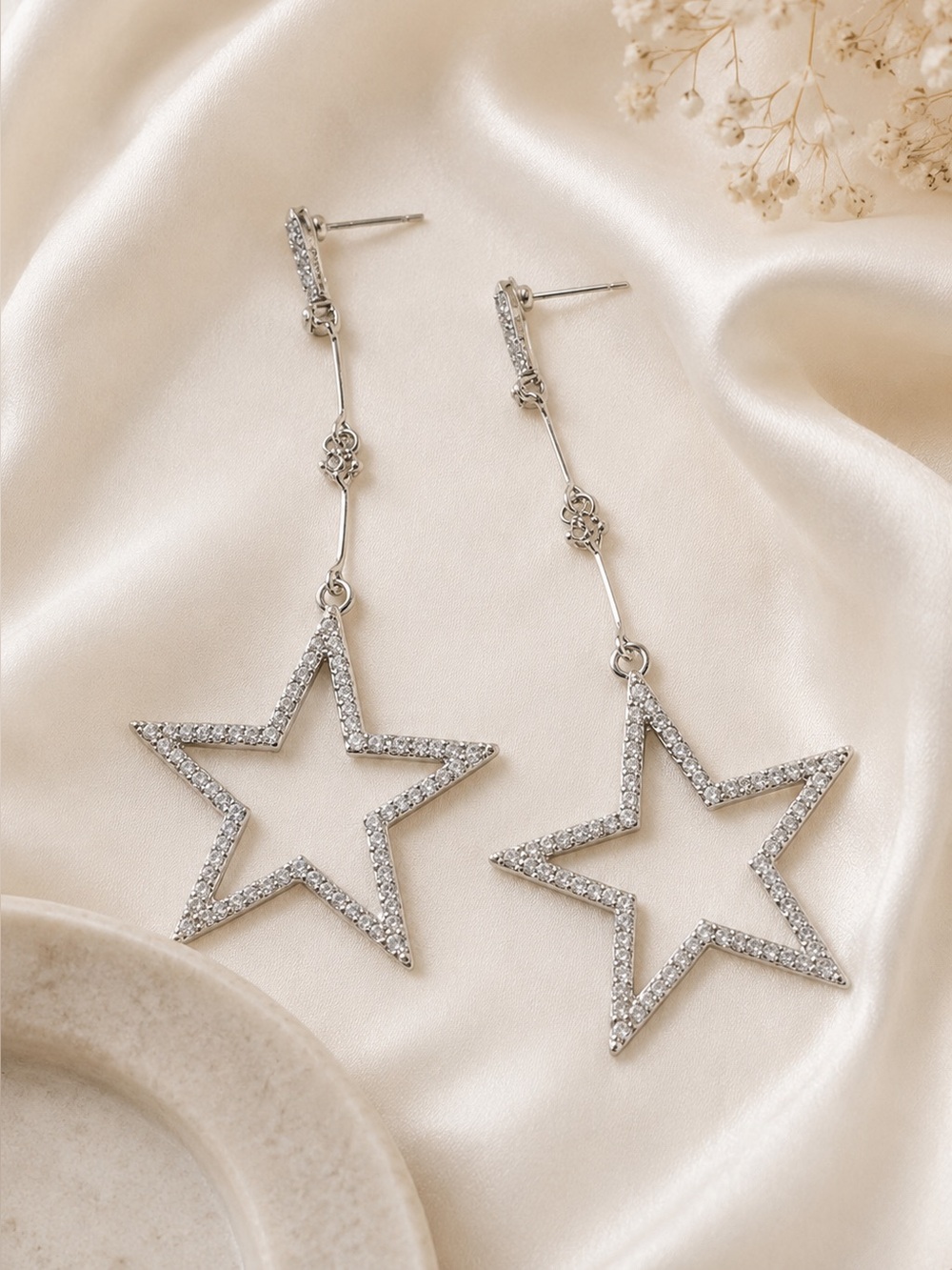 Star Shaped Cubic Zirconia Bling Silver Plated Drop Earrings - Picture 3 of 7